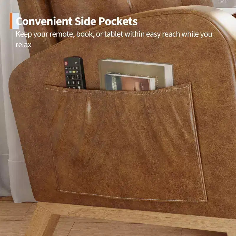 Moderna mecedora para guardería, mecedora tapizada con bolsillo lateral y patas de madera, cómoda mecedora para sala de estar, dormitorio