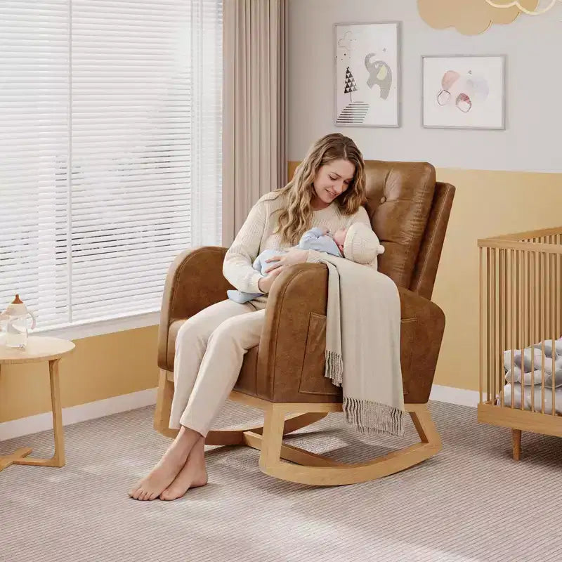Moderna mecedora para guardería, mecedora tapizada con bolsillo lateral y patas de madera, cómoda mecedora para sala de estar, dormitorio