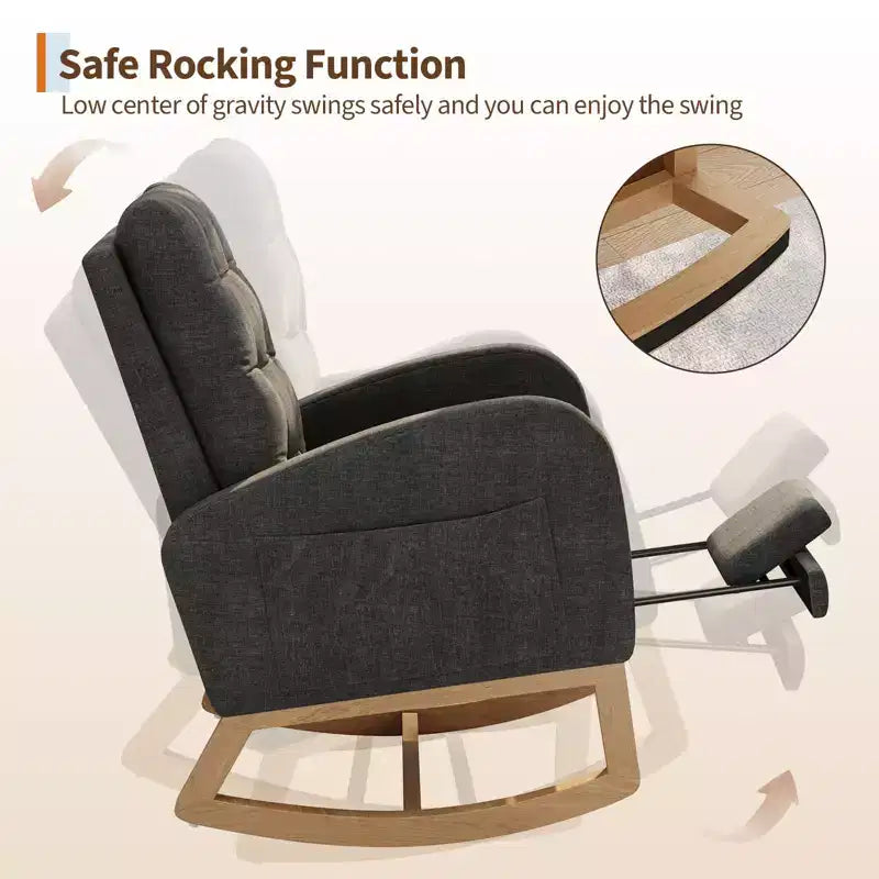 Moderna mecedora para guardería, mecedora tapizada con bolsillo lateral y patas de madera, cómoda mecedora para sala de estar, dormitorio