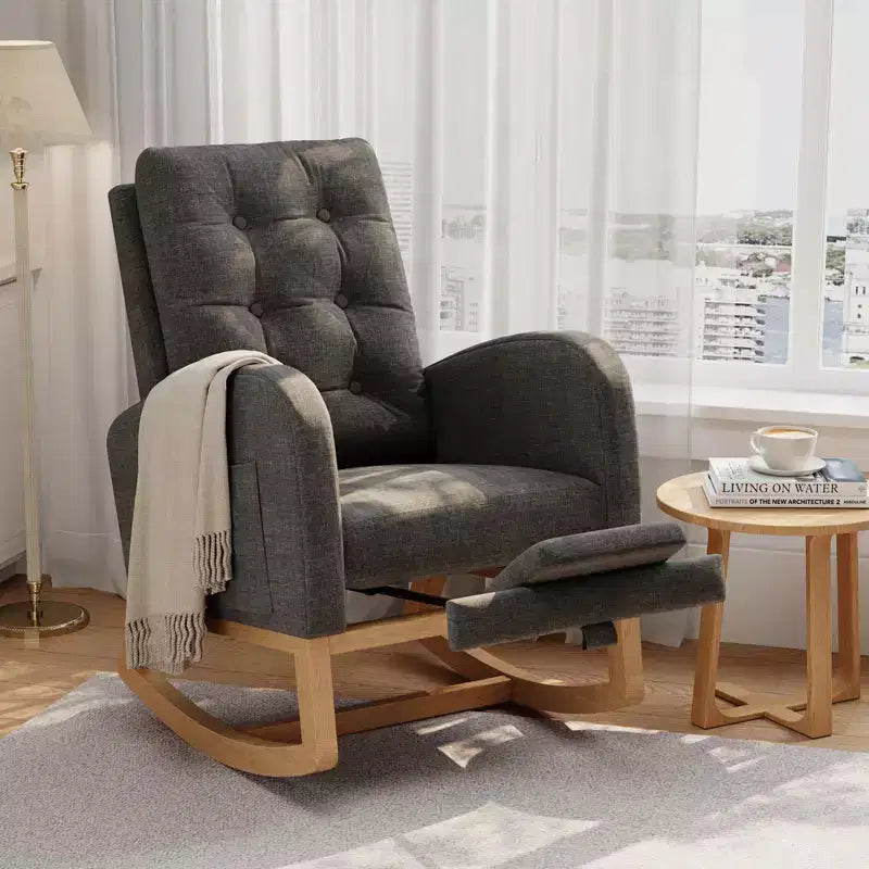 Modern Nursery Rocking Chair, Upholstered Glider Rocker with Side Pocket & Wooden Legs, Comfy Rocker Armchair for Living Room, Bedroom