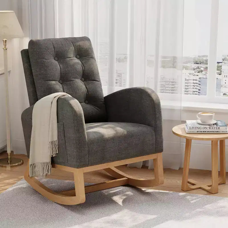 Moderna mecedora para guardería, mecedora tapizada con bolsillo lateral y patas de madera, cómoda mecedora para sala de estar, dormitorio