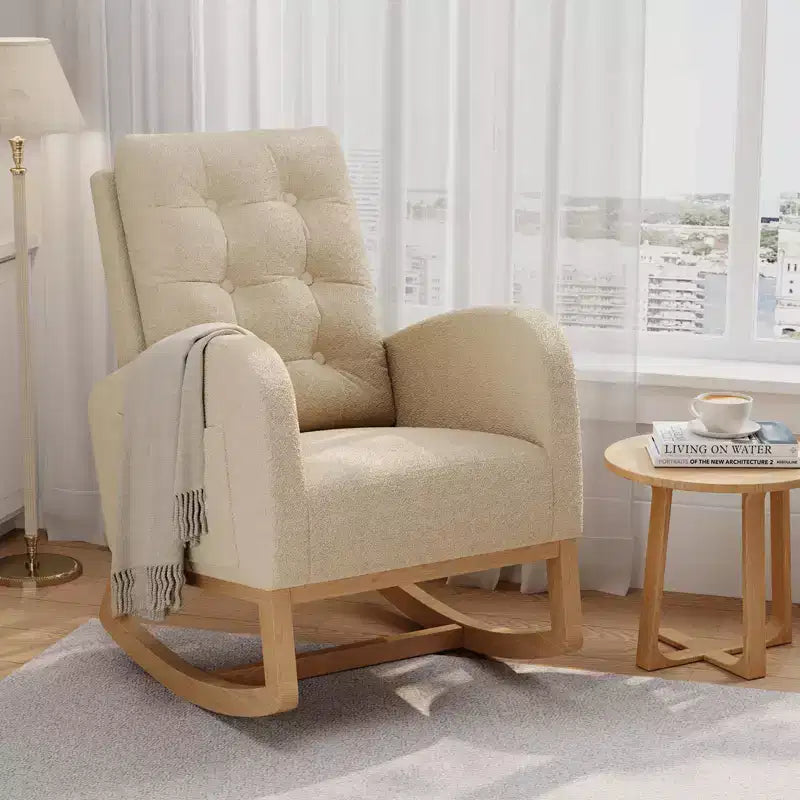Moderna mecedora para guardería, mecedora tapizada con bolsillo lateral y patas de madera, cómoda mecedora para sala de estar, dormitorio