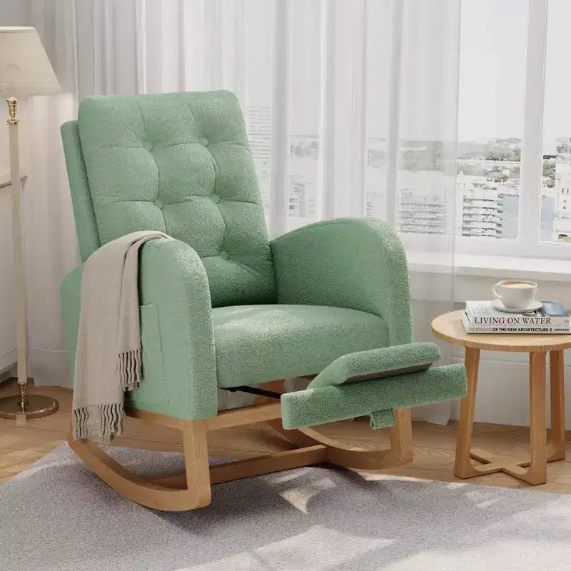 Moderna mecedora para guardería, mecedora tapizada con bolsillo lateral y patas de madera, cómoda mecedora para sala de estar, dormitorio