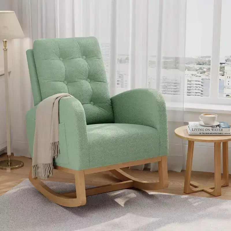 Moderna mecedora para guardería, mecedora tapizada con bolsillo lateral y patas de madera, cómoda mecedora para sala de estar, dormitorio