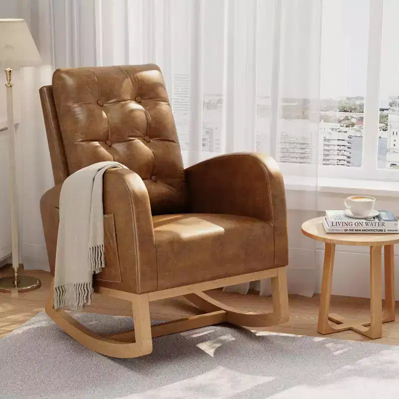 Moderna mecedora para guardería, mecedora tapizada con bolsillo lateral y patas de madera, cómoda mecedora para sala de estar, dormitorio