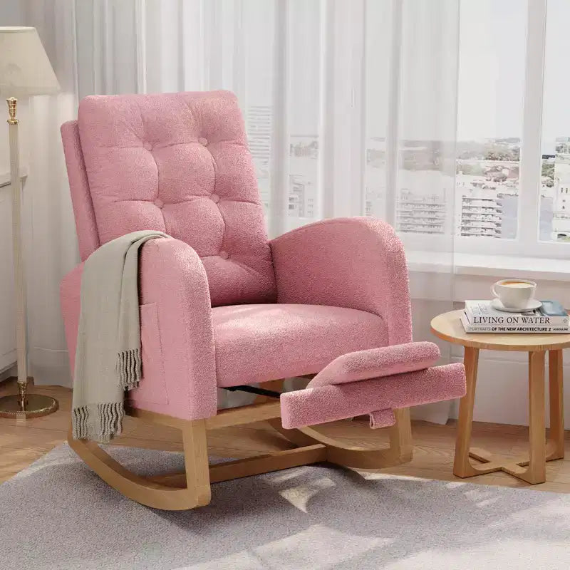 Moderna mecedora para guardería, mecedora tapizada con bolsillo lateral y patas de madera, cómoda mecedora para sala de estar, dormitorio