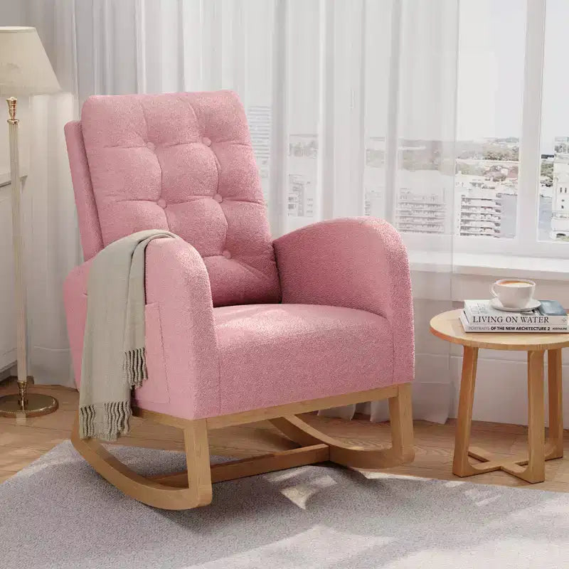 Moderna mecedora para guardería, mecedora tapizada con bolsillo lateral y patas de madera, cómoda mecedora para sala de estar, dormitorio