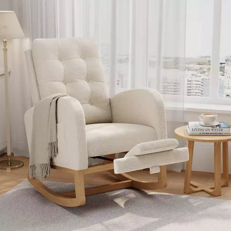 Moderna mecedora para guardería, mecedora tapizada con bolsillo lateral y patas de madera, cómoda mecedora para sala de estar, dormitorio