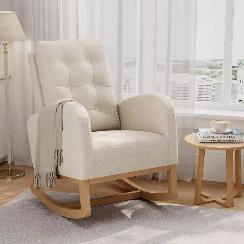 Moderna mecedora para guardería, mecedora tapizada con bolsillo lateral y patas de madera, cómoda mecedora para sala de estar, dormitorio