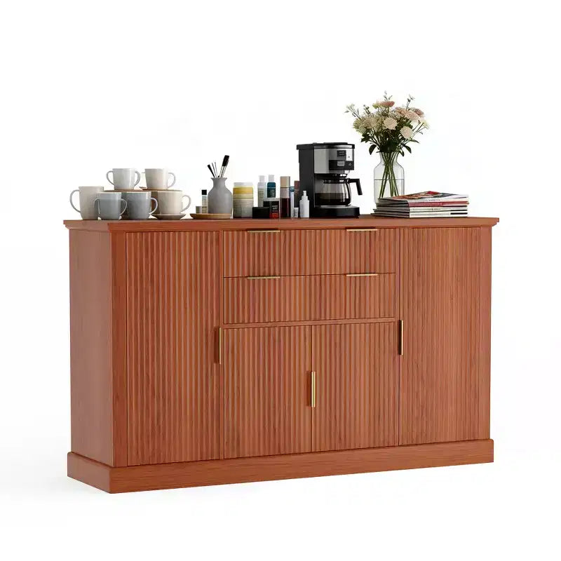 Aparador Estriado, Alacena de 58 pulgadas con 4 Puertas y 2 Cajones, Mueble de Almacenamiento, Mesa Consola de Cocina con Tiradores Dorados, Barra de Café y Credenza