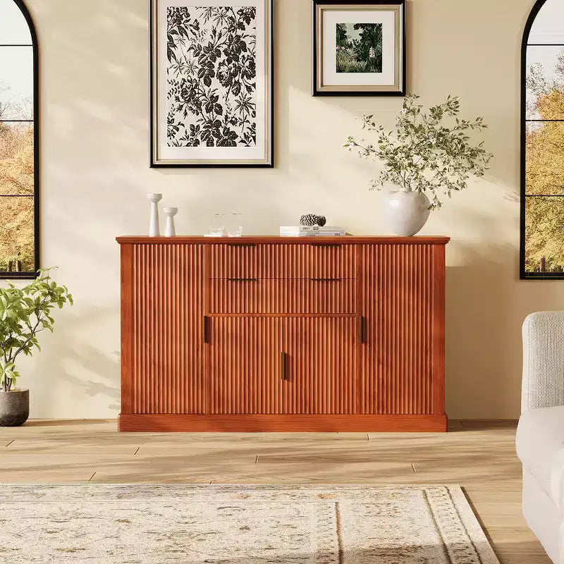 Aparador Estriado, Alacena de 58 pulgadas con 4 Puertas y 2 Cajones, Mueble de Almacenamiento, Mesa Consola de Cocina con Tiradores Dorados, Barra de Café y Credenza