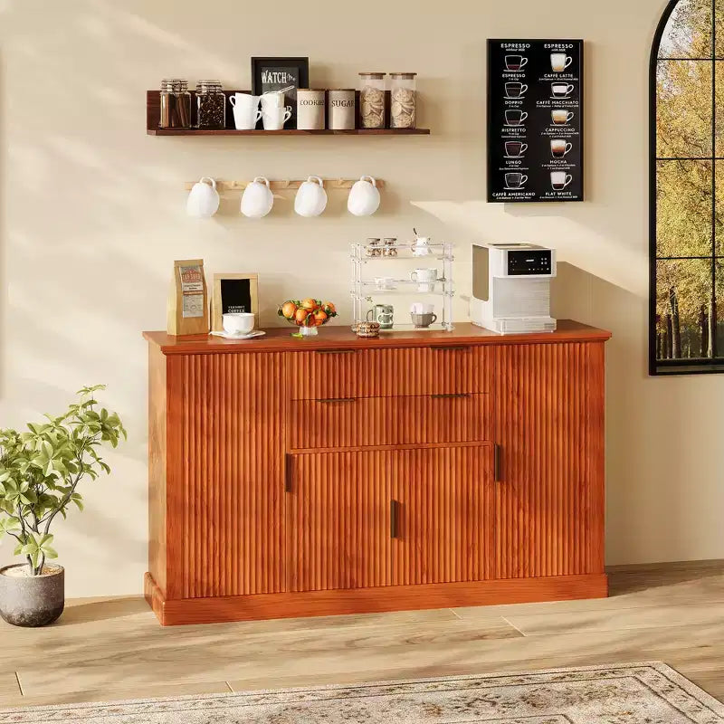 Aparador Estriado, Alacena de 58 pulgadas con 4 Puertas y 2 Cajones, Mueble de Almacenamiento, Mesa Consola de Cocina con Tiradores Dorados, Barra de Café y Credenza