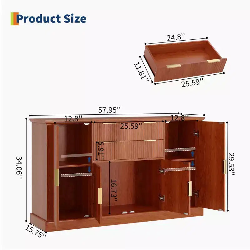 Aparador Estriado, Alacena de 58 pulgadas con 4 Puertas y 2 Cajones, Mueble de Almacenamiento, Mesa Consola de Cocina con Tiradores Dorados, Barra de Café y Credenza