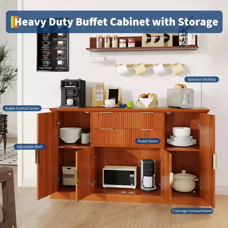Aparador Estriado, Alacena de 58 pulgadas con 4 Puertas y 2 Cajones, Mueble de Almacenamiento, Mesa Consola de Cocina con Tiradores Dorados, Barra de Café y Credenza