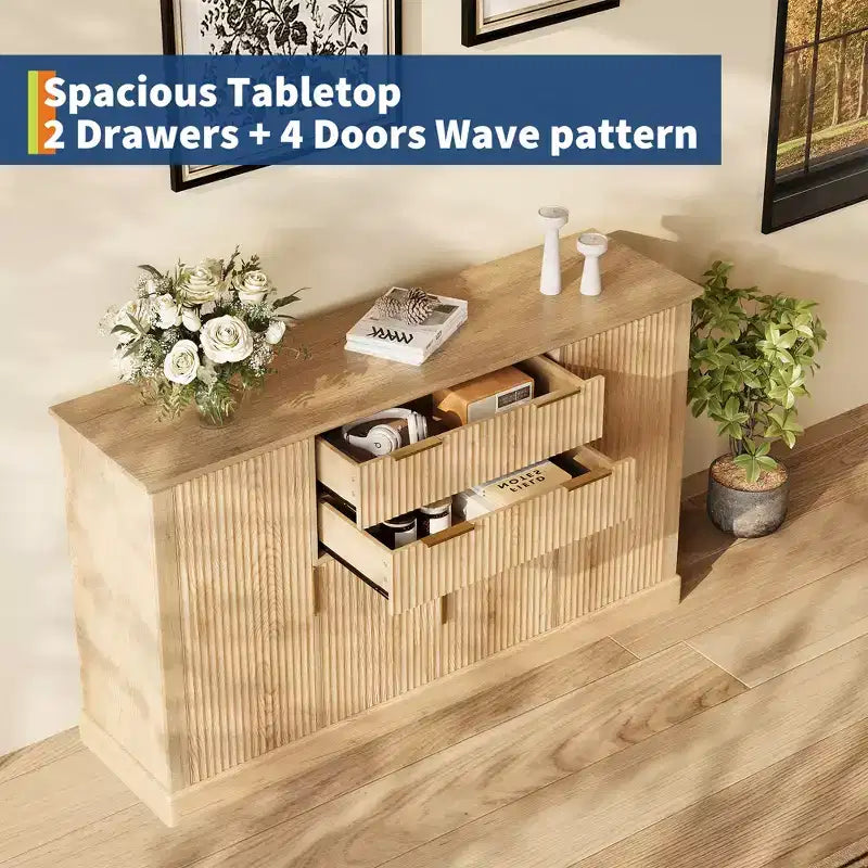 Aparador Estriado, Alacena de 58 pulgadas con 4 Puertas y 2 Cajones, Mueble de Almacenamiento, Mesa Consola de Cocina con Tiradores Dorados, Barra de Café y Credenza