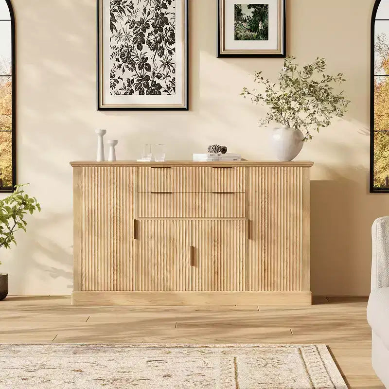 Aparador Estriado, Alacena de 58 pulgadas con 4 Puertas y 2 Cajones, Mueble de Almacenamiento, Mesa Consola de Cocina con Tiradores Dorados, Barra de Café y Credenza