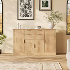 Aparador Estriado, Alacena de 58 pulgadas con 4 Puertas y 2 Cajones, Mueble de Almacenamiento, Mesa Consola de Cocina con Tiradores Dorados, Barra de Café y Credenza