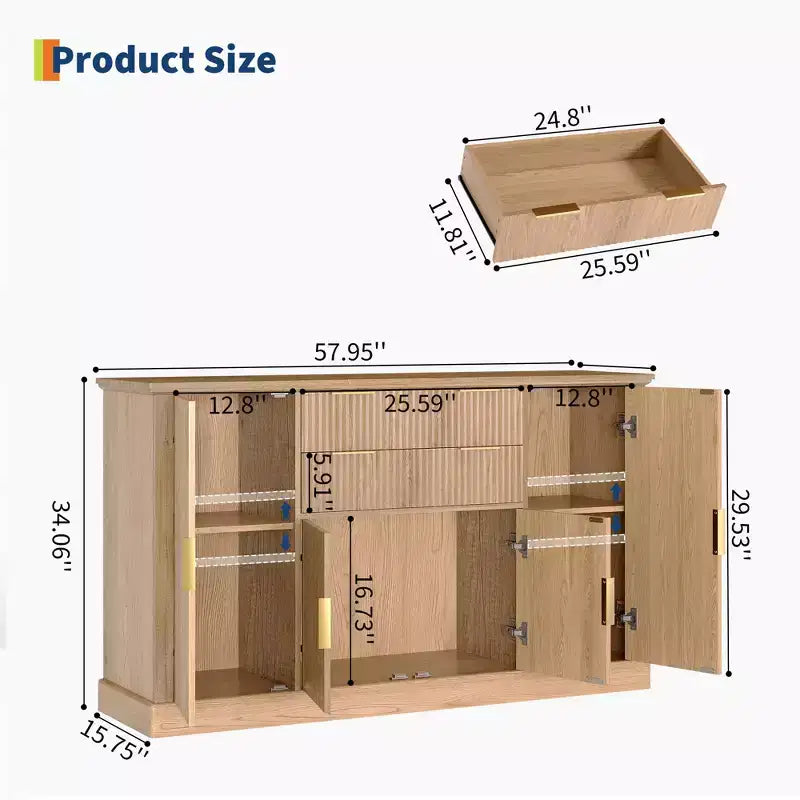 Aparador Estriado, Alacena de 58 pulgadas con 4 Puertas y 2 Cajones, Mueble de Almacenamiento, Mesa Consola de Cocina con Tiradores Dorados, Barra de Café y Credenza