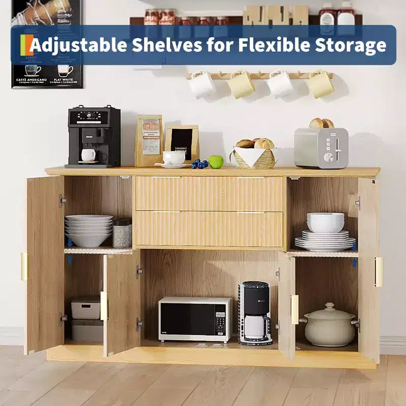 Aparador Estriado, Alacena de 58 pulgadas con 4 Puertas y 2 Cajones, Mueble de Almacenamiento, Mesa Consola de Cocina con Tiradores Dorados, Barra de Café y Credenza