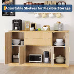 Aparador Estriado, Alacena de 58 pulgadas con 4 Puertas y 2 Cajones, Mueble de Almacenamiento, Mesa Consola de Cocina con Tiradores Dorados, Barra de Café y Credenza