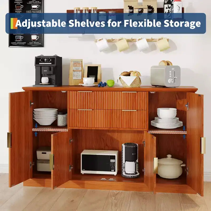 Aparador Estriado, Alacena de 58 pulgadas con 4 Puertas y 2 Cajones, Mueble de Almacenamiento, Mesa Consola de Cocina con Tiradores Dorados, Barra de Café y Credenza