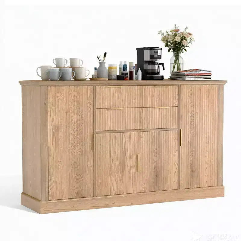 Fluted Buffet Cabinet , 58 Sideboard with 4 Doors & 2 Drawers, Storage Cabinet, Kitchen Console Table with Gold Handles, Coffee Bar & Credenza