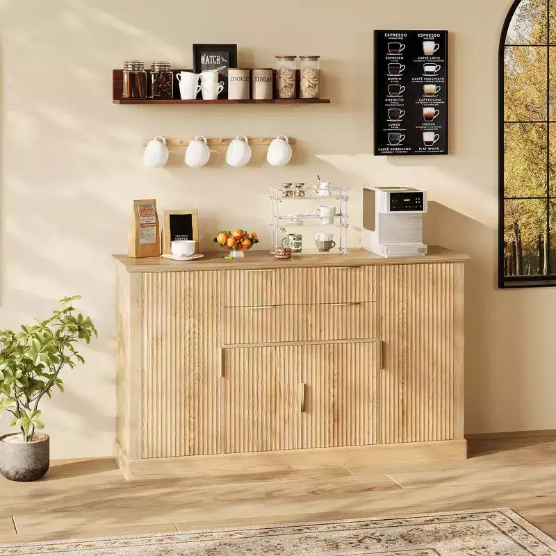Aparador Estriado, Alacena de 58 pulgadas con 4 Puertas y 2 Cajones, Mueble de Almacenamiento, Mesa Consola de Cocina con Tiradores Dorados, Barra de Café y Credenza