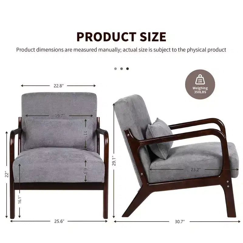 Sillón tapizado de estilo moderno de mediados de siglo con estructura de madera maciza y cojín lumbar