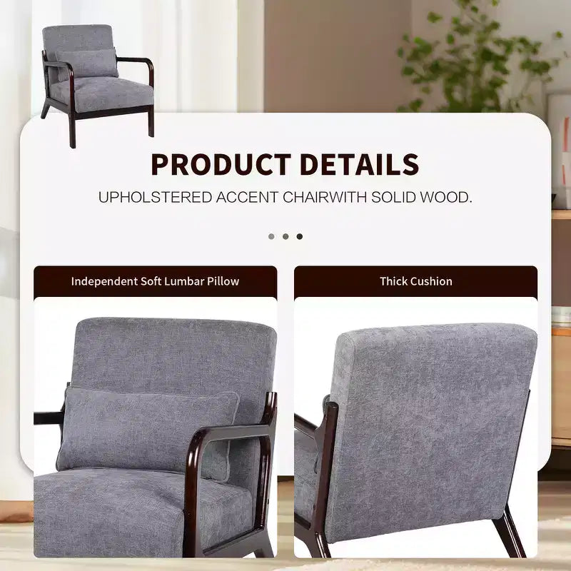 Sillón tapizado de estilo moderno de mediados de siglo con estructura de madera maciza y cojín lumbar