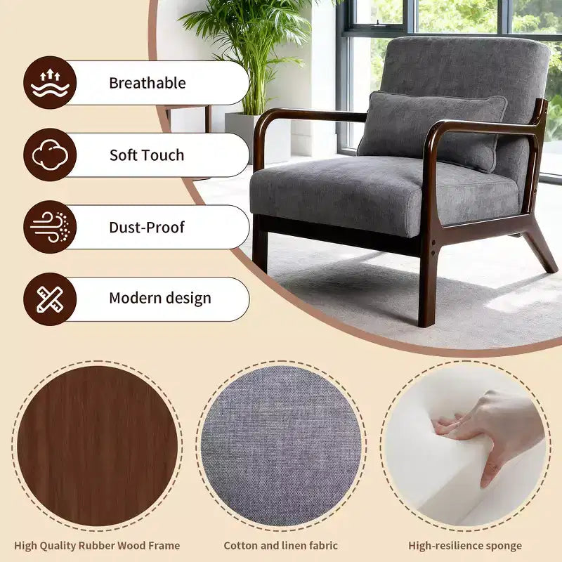Sillón tapizado de estilo moderno de mediados de siglo con estructura de madera maciza y cojín lumbar