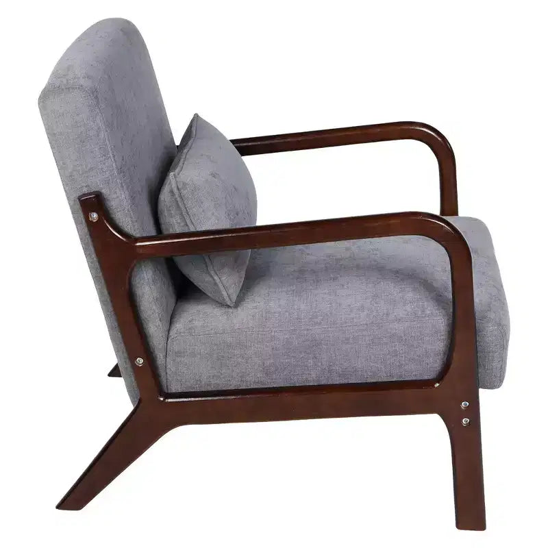 Sillón tapizado de estilo moderno de mediados de siglo con estructura de madera maciza y cojín lumbar