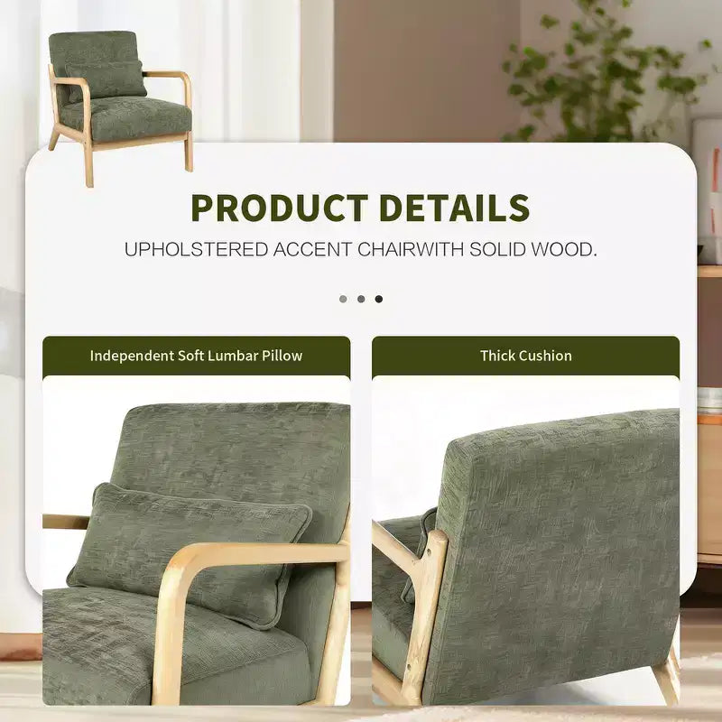 Sillón tapizado de estilo moderno de mediados de siglo con estructura de madera maciza y cojín lumbar