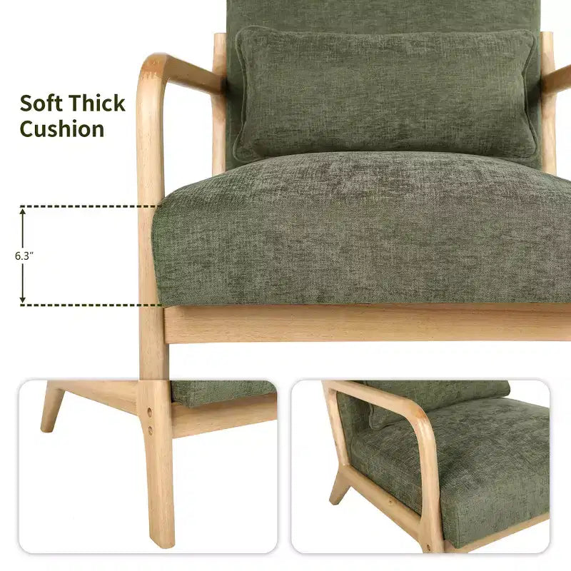 Sillón tapizado de estilo moderno de mediados de siglo con estructura de madera maciza y cojín lumbar