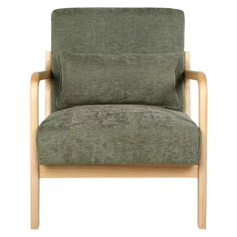 Sillón tapizado de estilo moderno de mediados de siglo con estructura de madera maciza y cojín lumbar
