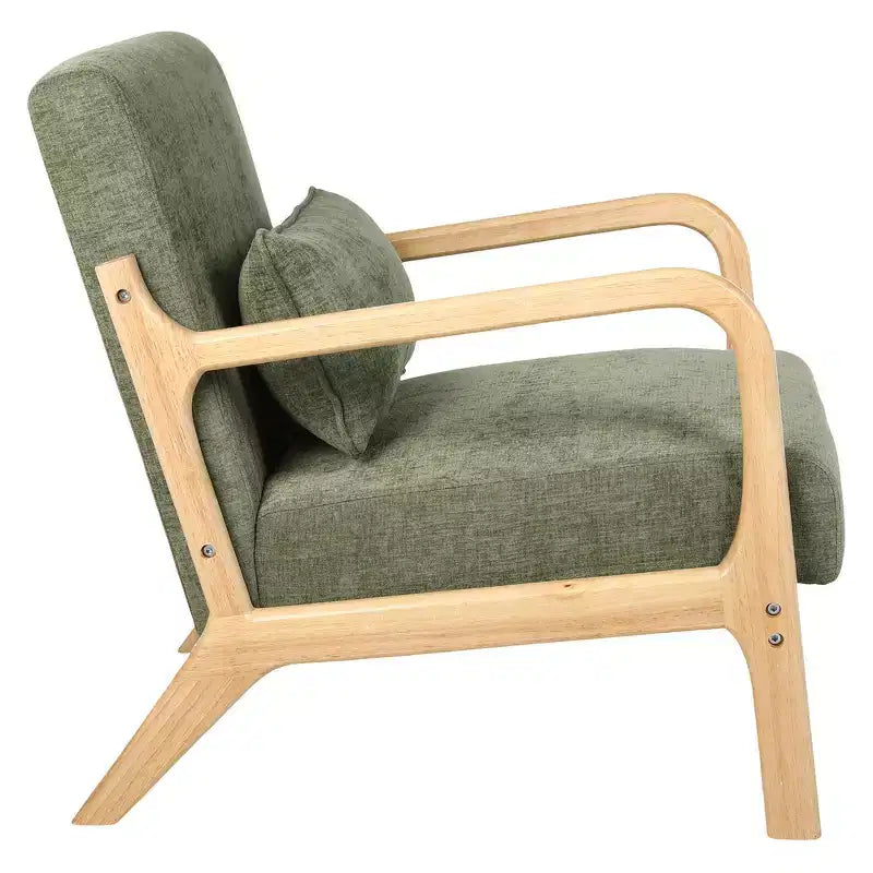 Sillón tapizado de estilo moderno de mediados de siglo con estructura de madera maciza y cojín lumbar