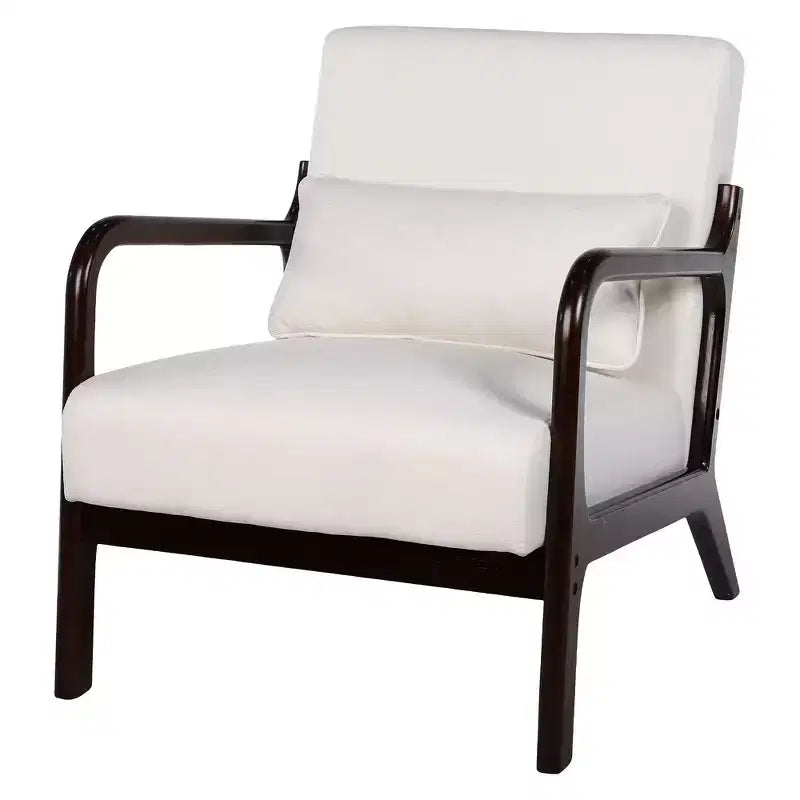 Sillón tapizado de estilo moderno de mediados de siglo con estructura de madera maciza y cojín lumbar