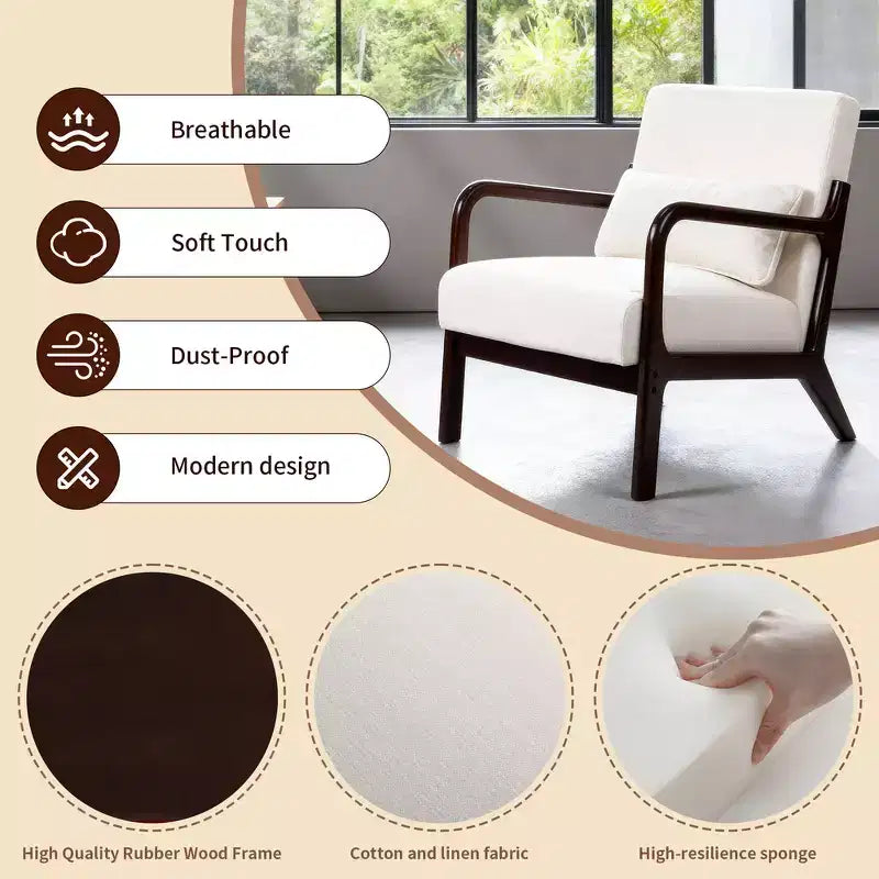 Sillón tapizado de estilo moderno de mediados de siglo con estructura de madera maciza y cojín lumbar