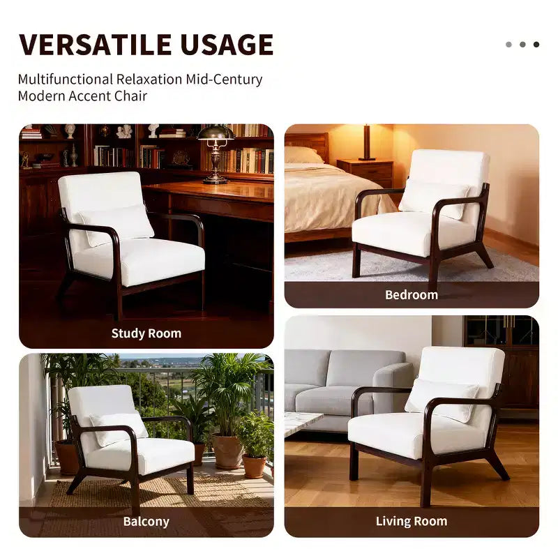 Sillón tapizado de estilo moderno de mediados de siglo con estructura de madera maciza y cojín lumbar