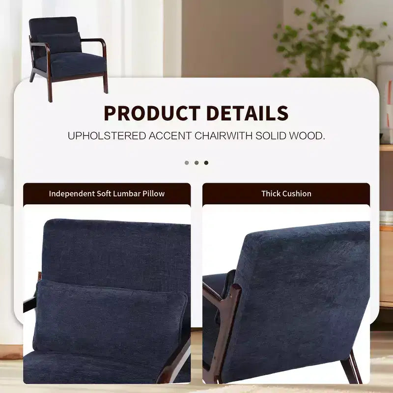 Sillón tapizado de estilo moderno de mediados de siglo con estructura de madera maciza y cojín lumbar
