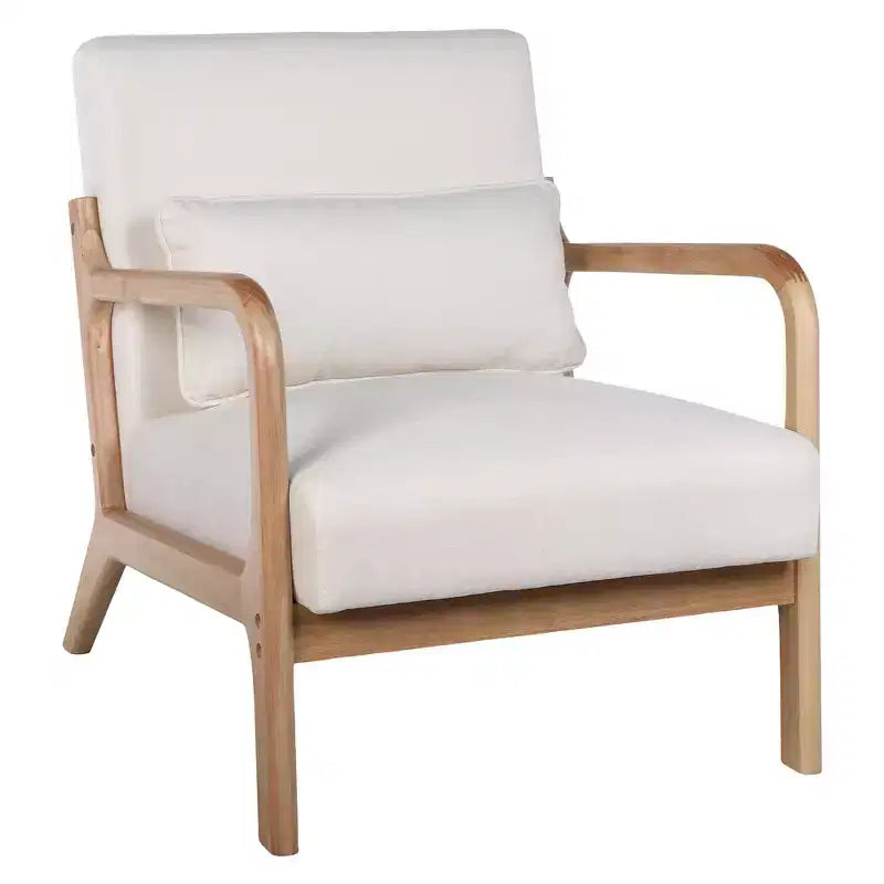 Sillón tapizado de estilo moderno de mediados de siglo con estructura de madera maciza y cojín lumbar
