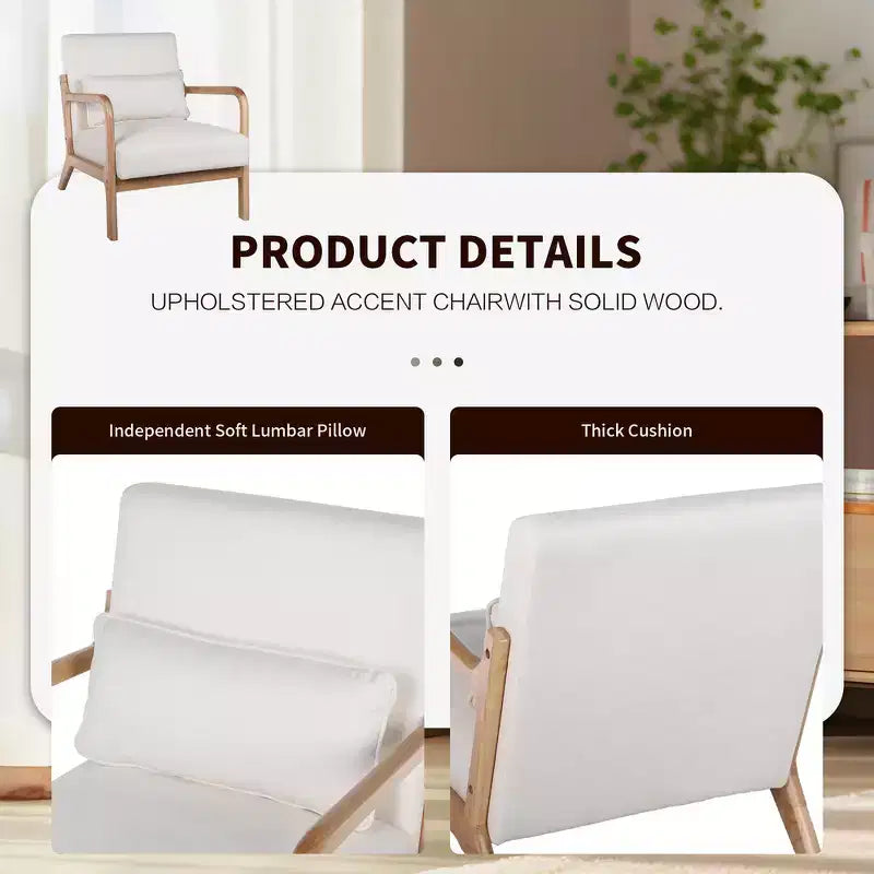 Sillón tapizado de estilo moderno de mediados de siglo con estructura de madera maciza y cojín lumbar
