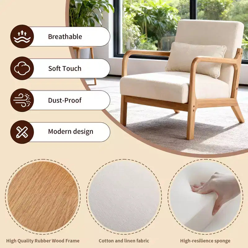 Sillón tapizado de estilo moderno de mediados de siglo con estructura de madera maciza y cojín lumbar