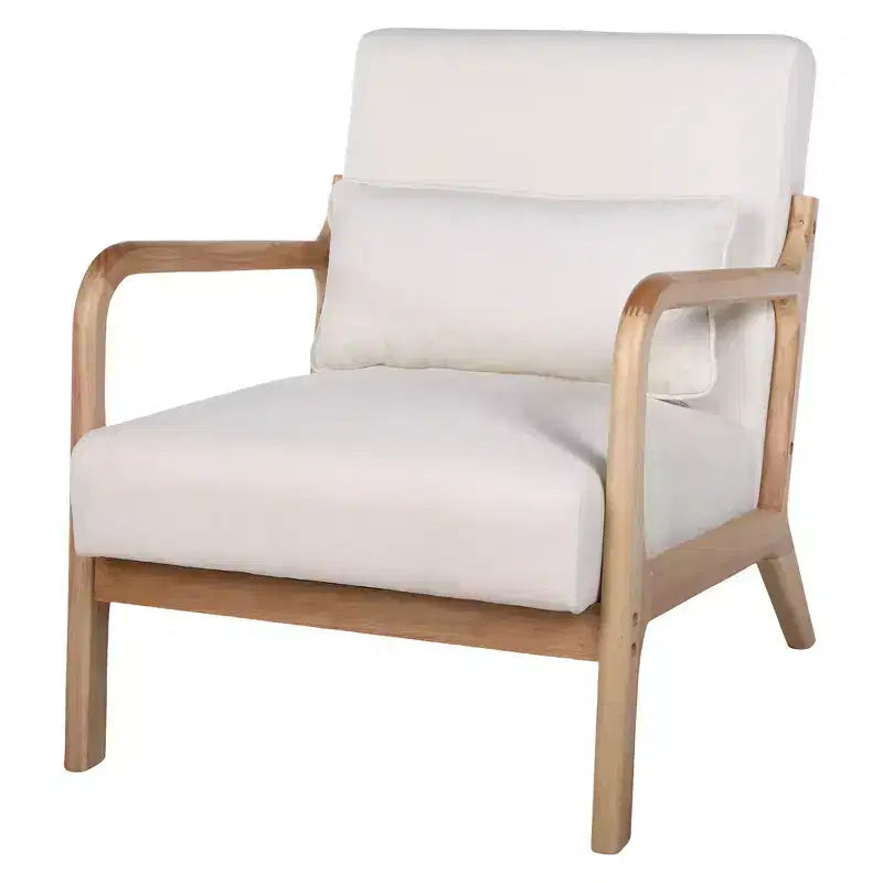 Sillón tapizado de estilo moderno de mediados de siglo con estructura de madera maciza y cojín lumbar