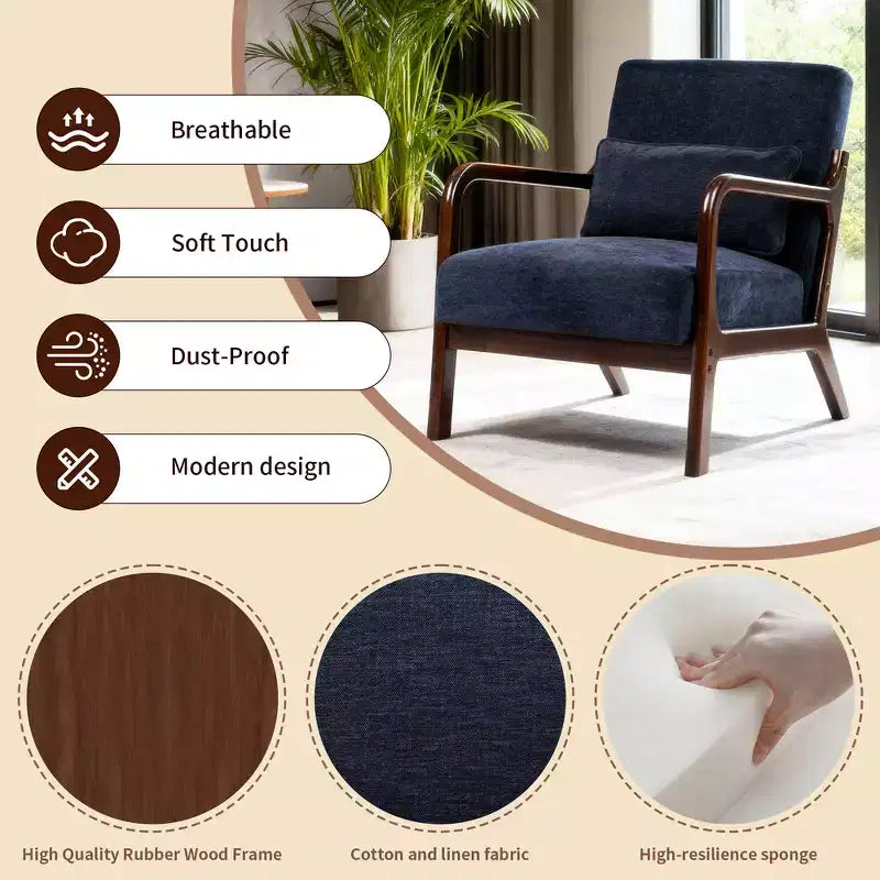 Sillón tapizado de estilo moderno de mediados de siglo con estructura de madera maciza y cojín lumbar