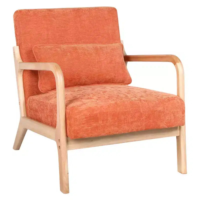 Sillón tapizado de estilo moderno de mediados de siglo con estructura de madera maciza y cojín lumbar
