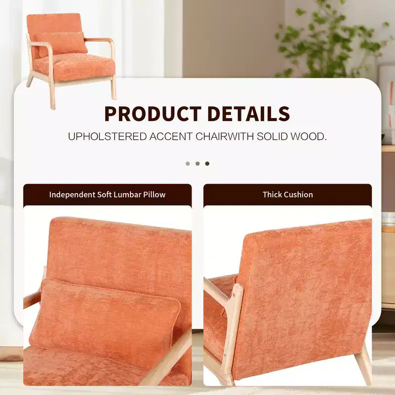 Sillón tapizado de estilo moderno de mediados de siglo con estructura de madera maciza y cojín lumbar