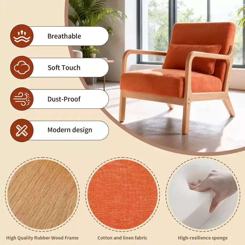 Sillón tapizado de estilo moderno de mediados de siglo con estructura de madera maciza y cojín lumbar
