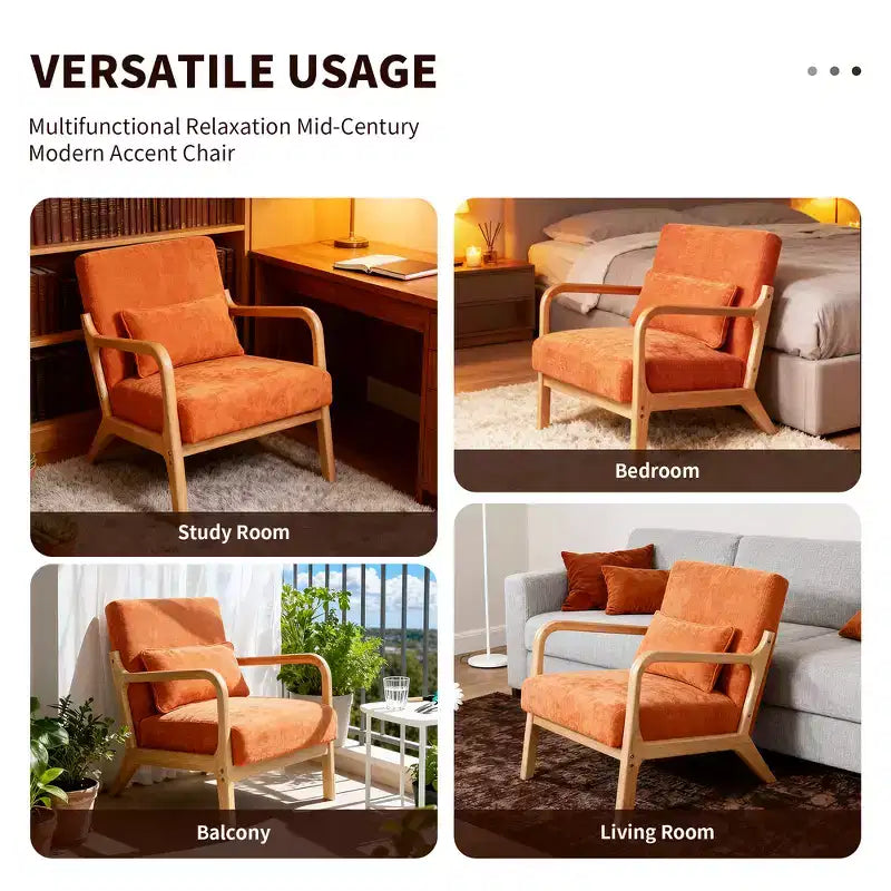 Sillón tapizado de estilo moderno de mediados de siglo con estructura de madera maciza y cojín lumbar
