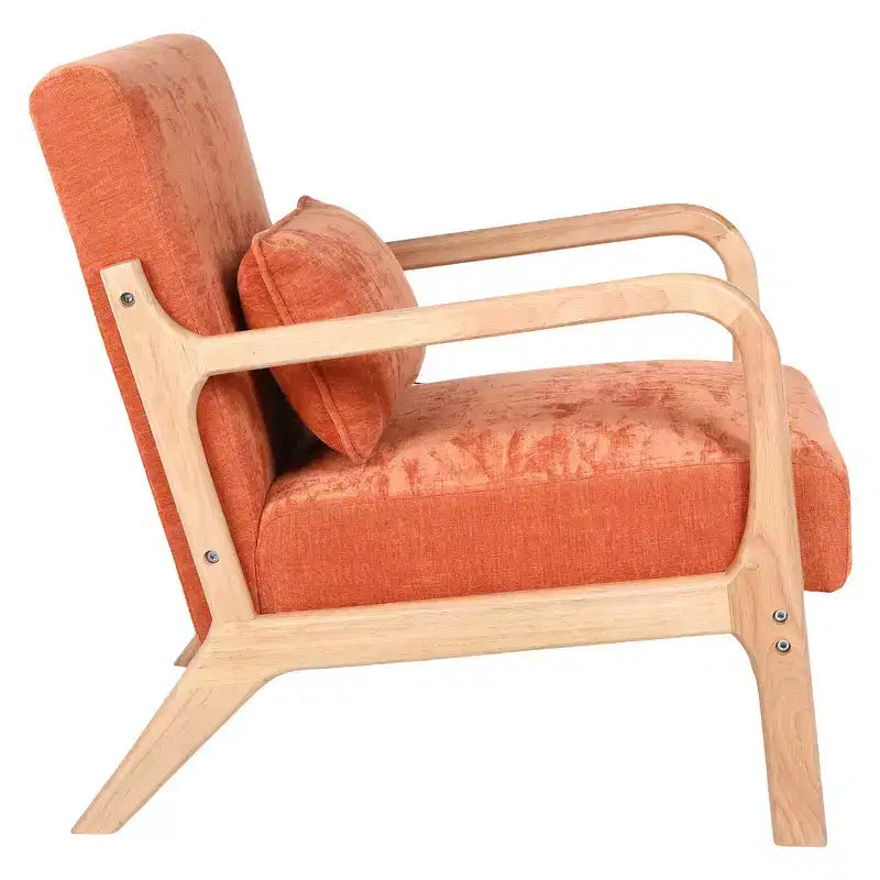 Sillón tapizado de estilo moderno de mediados de siglo con estructura de madera maciza y cojín lumbar