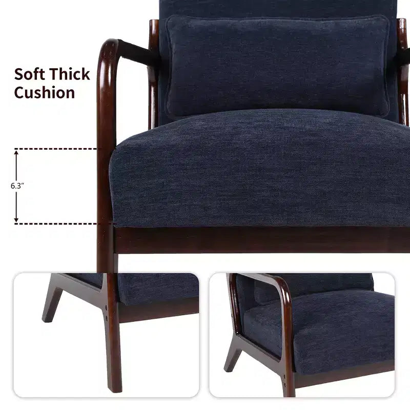 Sillón tapizado de estilo moderno de mediados de siglo con estructura de madera maciza y cojín lumbar